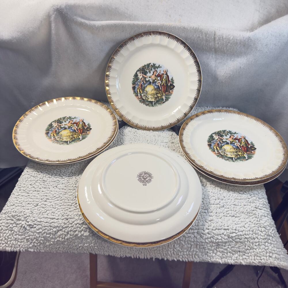 Vintage Cronin China Minerva Oh 9” Luncheon Plate Colonial Gold Rim USA Set of 7
